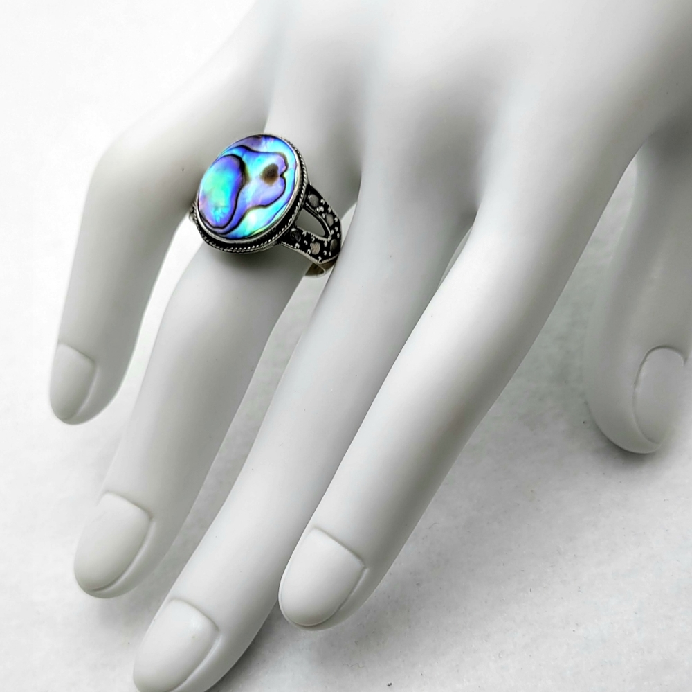 Abalone Shell Marcasite .925 Sterling Silver Ring 